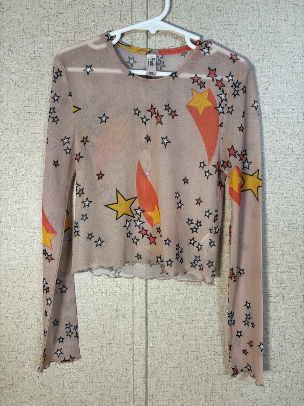 Francesca's Collections Pink Sheer Star & Comet Print Long Sleeve Top girls 8
